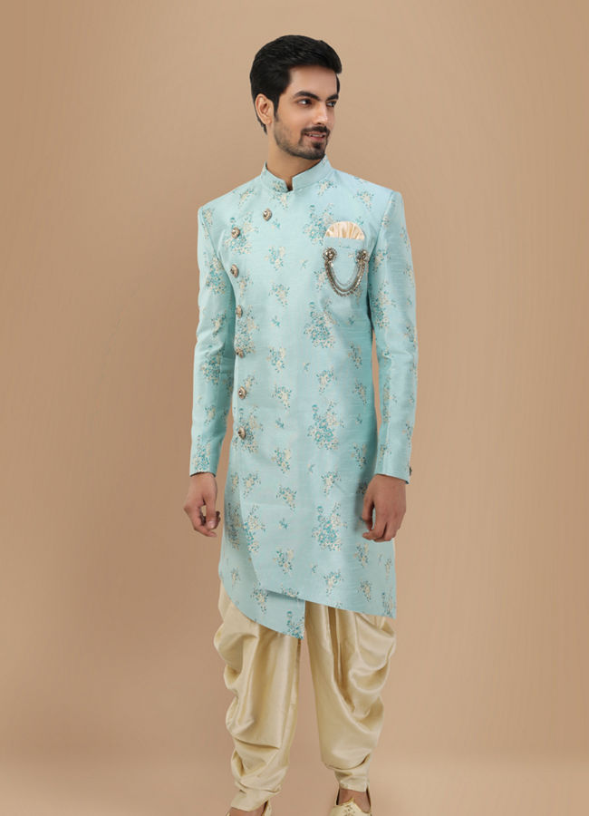 alt message - Manyavar Men Attractive Blue Indo Western Wear image number 1